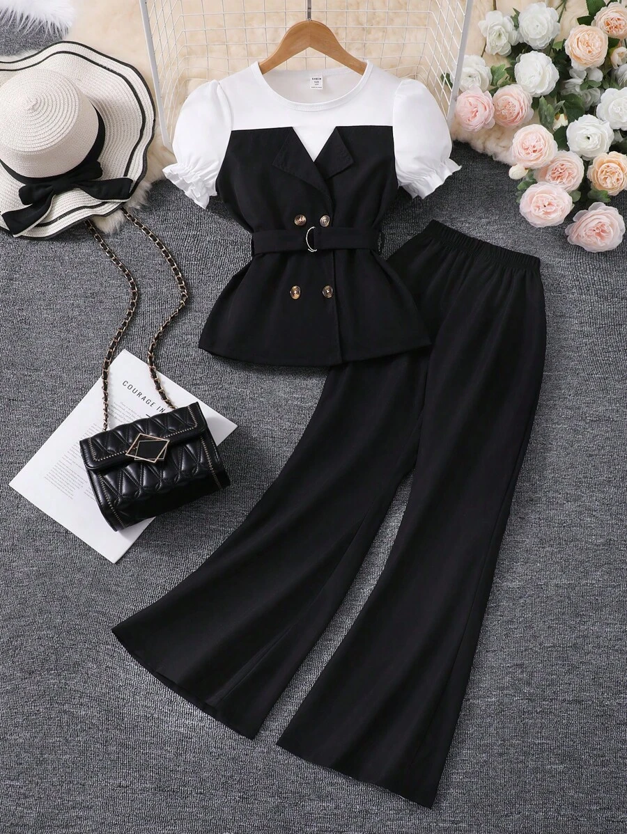 Tween Girl Puff Sleeve Belted Top & Solid Color Flare Nine-Minute Pants Set, 2 Pieces Outfit Summer Holiday