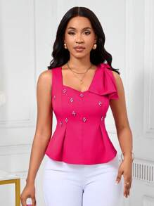 Lyxana Women's Rhinestone Bow Decor Square Neck Sleeveless Patchwork Waist Shirt, Spring/Summer