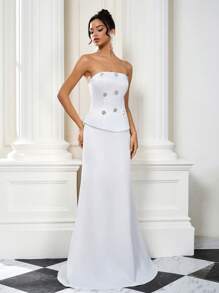 Coutiva Women's Rhinestone Flower Decorated Strapless Fancy Cocktail Party Dress - White - View 6