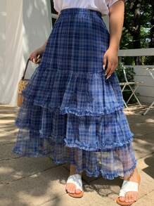 Dazy Plus Elastic Waist Plaid Chiffon A-Line Skirt, Spring/Summer