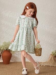 Blossori Rochie lejeră cu mâneci bufante, guler floral, caise, fete tinere - Multicolor - Vizualizare 7