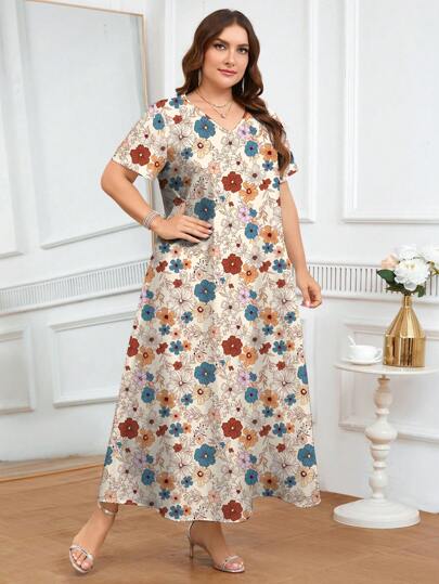 Seusyu 大码女式优雅花卉印花V领短袖连衣裙，夏季