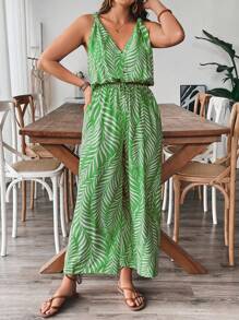 SHEIN Clasi Plus Size Casual Vacation Floral Print Camisole Wide Leg Jumpsuit - Green - View 5