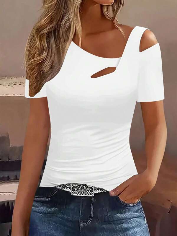 Women's Plain Short Sleeve T-Shirt, Fashionable For Summer