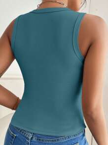 SHEIN VCAY Plus Size Women Casual Solid Ribbed Round Neck Blue Tank Top, Summer - Teal Blue - View 2
