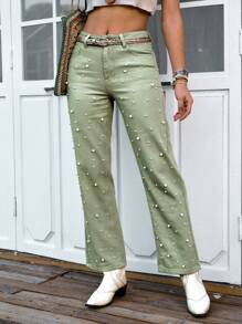 LanaWest Women's Green Washed Denim Faux Pearl Straight Leg Jeans - Army Green - View 4