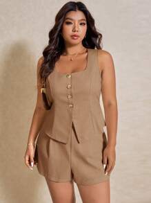 Elaquor Plus Size Summer Casual Solid Color Vest & Shorts 2 Pieces Set - Khaki - View 5