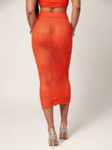 Silquee Women Solid Color High Waist Hollow Out Fitted Sweater Skirt - Orange - View 5