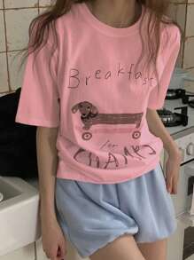 DAZY Women's Loose Fit Dachshund Print Round Neck Short Sleeve T-Shirt, White, Spring/Summer Cute Tops