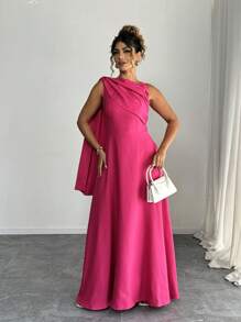 Elenzga 夏季女士优雅简约无袖露肩圆领喇叭下摆连衣裙，玫瑰红色 - 玫紅色 - 查看 4