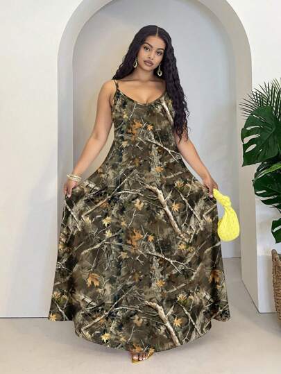 Slaydiva 大码纹理印花细肩带无袖长裙，适合度假穿着