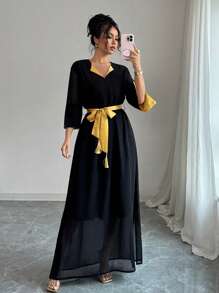 SHEIN Unity Design Colorblock Belted Split Sleeve Women Dress - Black - View 4