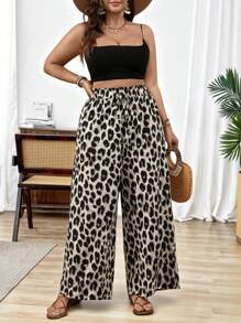 SHEIN CURVE+ Plus Size Women's Leopard Print Wide Leg Pants, Ruffled Hem, Drawstring Waist - Multicolor - View 5