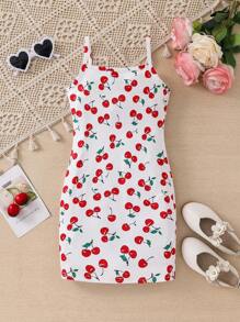Vestido de tirantes de punto con estampado de cerezas para niña joven - Negro - Ver 3
