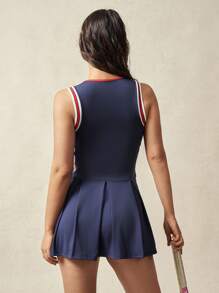 VARSIVA Women's Navy Blue Sleeveless Tennis Dress With Pleated Mini Shorts And Round Neckline - Navy Blue - View 4