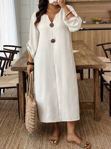 Weeklong Plus Size Casual Simple Fashion Daily Wear Dress BASICS - Apricot - View 3