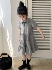DAZY Young Girls Square Neck Bow Decor Cute Mini Dress,Girls Summer Outfits - Grey - View 4