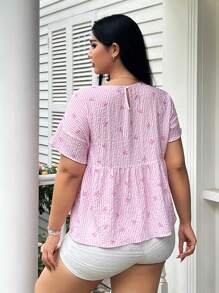 SHEIN EZwear 大码女式夏季休闲条纹蝴蝶结印花衬衫