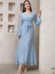 Veilorie Damen elegantes Kleid mit Blumenstickerei und Fischschwanzsaum - Blau - Übersicht 4