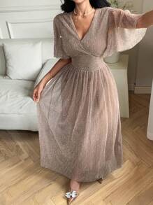 DAZY 女士V领亮面收腰中长连衣裙舞会礼服 - 金色 - 查看 4