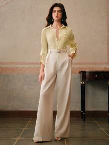 Anewsta 女士梭织串珠宽松优雅经典衬衫，适合老款、端庄、春季 - 黃色 - 查看 4