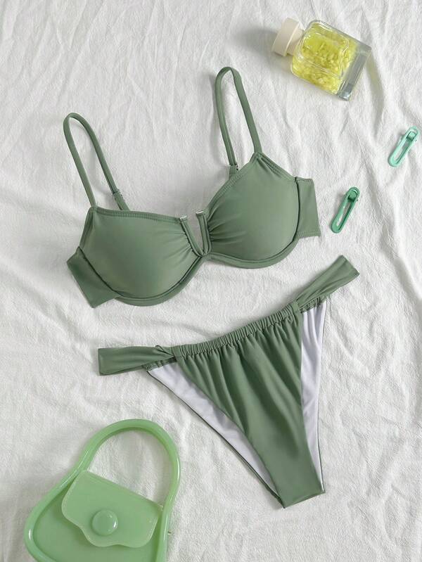 Swim Vcay 2 Stücke/Set Damen Einfarbiger Bügel-BH-Bikini mit V-Ausschnitt und Trägern, Freizeitkleidung für Inselstrände, sexy Push-up Damen Badeanzug, armeegrün