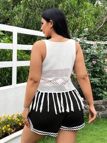 SHEIN EZwear Plus Size Vacation Casual Fringe Hem Hollow Knit Vest - White - View 2