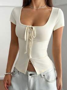 Gloray Square Collar Short Sleeve Solid Color Breasted Design Of Elegant Casual Ladies Spring/Summer Holiday Commute Cute Top - Apricot - View 4