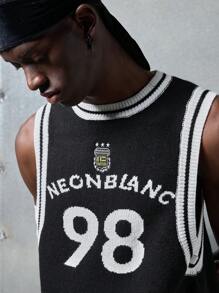 NEON BLANC Men's Street Fashion Knit Tank Top With Letters & Numbers, Sleeveless Crewneck Knitted Sweater Vest, Streetwear Inspired - Black - View 6