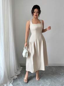 Elenzga Vestido para mujer tallas grandes elegante y sofisticado para oficina/casual/vacaciones con cuello cuadrado, sin mangas y cintura ajustable en forma de A, para primavera/verano