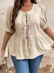 SHEIN LUNE Camisa casual de talla grande con anudado en unicolor y diseño jacquard - Albaricoque - Ver 5