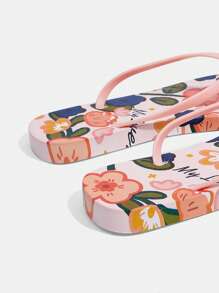 Grefit Women Shoes Beach Flip Flops, Colorful Flat Slides Beach Thong Sandals, Slip-On Style, Lightweight & Comfortable, Non-Slip Suitable For Outdoor Walking, Street Fashion, Versatile Flat Slippers Indoor & Outdoor Wear Flip Flops Vacation Season Tropical Escape Florals - Pink - View 4
