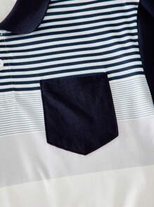 SHEIN Teenage Boys' Striped Print Polo Collar Button-Up Short Sleeve Tee - White - View 5