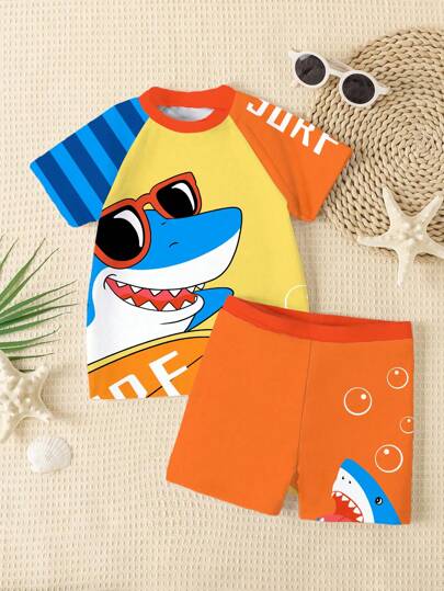 SHEIN Young Boy Casual Loose Cartoon Pattern Crew Neck Short Sleeve T-Shirt & Shorts Swimsuit Set, Summer