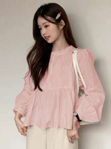 DAZY Blusa blanca de manga larga con encaje de contraste, primavera y otoño