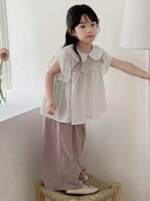 DAZY 2件套少女娃娃脸短袖上衣+阔腿裤套装，夏季 - 白色 - 查看 3