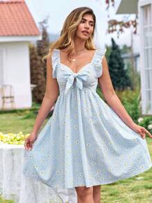 KURAYIA Plus Size Women's Deep V-Neck Bowknot Front Gathered Waist A-Line Dress,Daisy Print Pleated Fabric,Blue And White,Summer,Cute,Picnic,Holiday Vacation - Blue - View 4