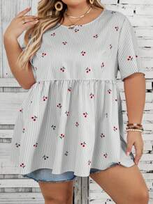 SHEIN CURVE+ Plus Size Women's Loose Cherry Graphic Print Striped Shirt For Beach Vacation Boho Vacationbeach Outfits For Woman/Beach Dress/Beach Vacation Outfits/Beach Essentials / Graduation/Tea Party Dresssummer/Country/Beach Vacation Outfits/Beach Outfits/Beach Wear