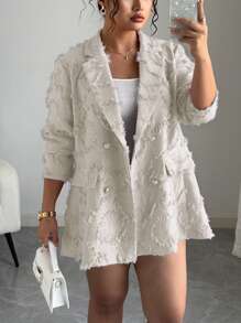 SHEIN Unity Plus Size Women"S Fashion Jacquard Oversize Lapel Double Breasted Metal Button Detail Loose Blazer Jacket - Apricot - View 3