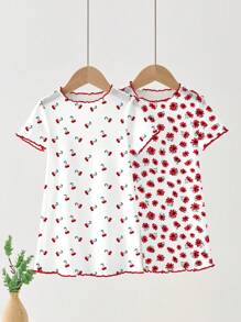 SHEIN Leap Crew Baby Girls Cherry Blossom Pattern Casual Dress Set With Ruffle Hem, Summer - Multicolor - View 1