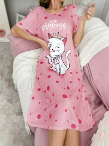 Women's Cute Cat & Polka Dot Letter Print Nightgown, Moo Moo - Multicolor - View 4