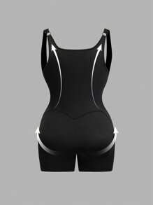 SHEIN Privé Pantaloni scurți de yoga elastici, negri de vară, strânși, în formă de os de pește, salopetă elegantă de mărime mare, îmbrăcăminte modelată subțire - Negru - Vizualizare 1
