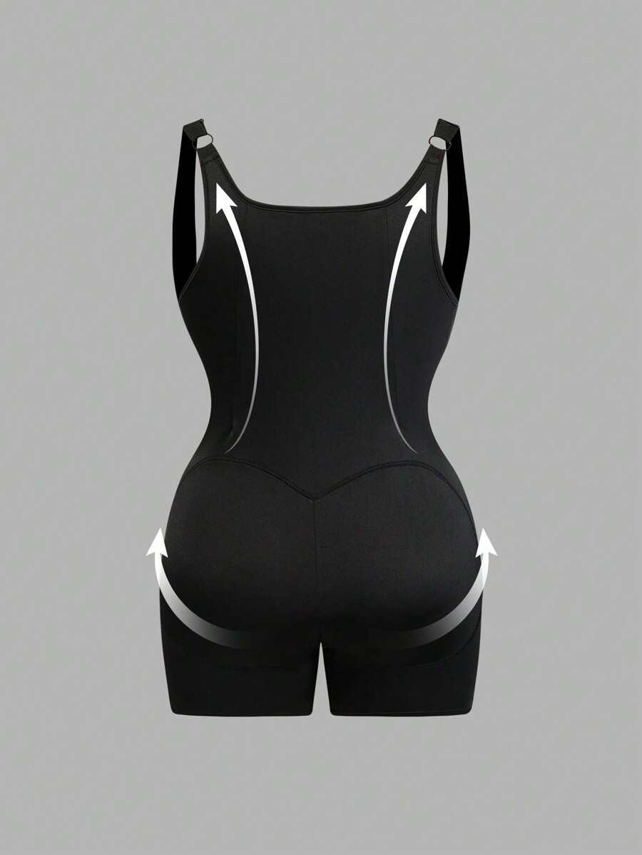 SHEIN Privé Pantaloni scurți de yoga elastici, negri de vară, strânși, în formă de os de pește, salopetă elegantă de mărime mare, îmbrăcăminte modelată subțire - Negru - Vizualizare 1