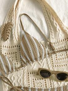 Swim Mod Women 2pcs Hollow Textured Fabric Striped Tie Front Bikini Set For Spring/Summer Beach Vacation, St. Patrick's Day - Khaki - View 4