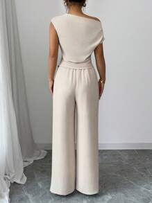 Elenzga Women's Vacation Elegant One Shoulder Sleeveless Asymmetrical Hem Slim Fitted Blouse And Loose Straight Leg Pants 2 Pieces Set, Spring/Summer