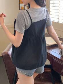 DAZY 女士休闲宽松简约背心和T恤套装（2件套），夏季家居服套装 - 灰色 - 查看 3