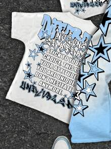 SHEIN Bộ 2 món áo thun cổ tròn in hình chân dung và khẩu hiệu cá nhân thời trang giản dị cho bé trai kèm quần ống loe in hình ngôi sao, phù hợp cho mùa hè - Nhiều màu - Xem 5