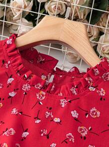 SHEIN Unity 女士甜美优雅荷叶边圆领盖袖 Ditsy Ditsy 花卉宽松衬衫，适合度假和日常穿着 - 紅色 - 查看 5