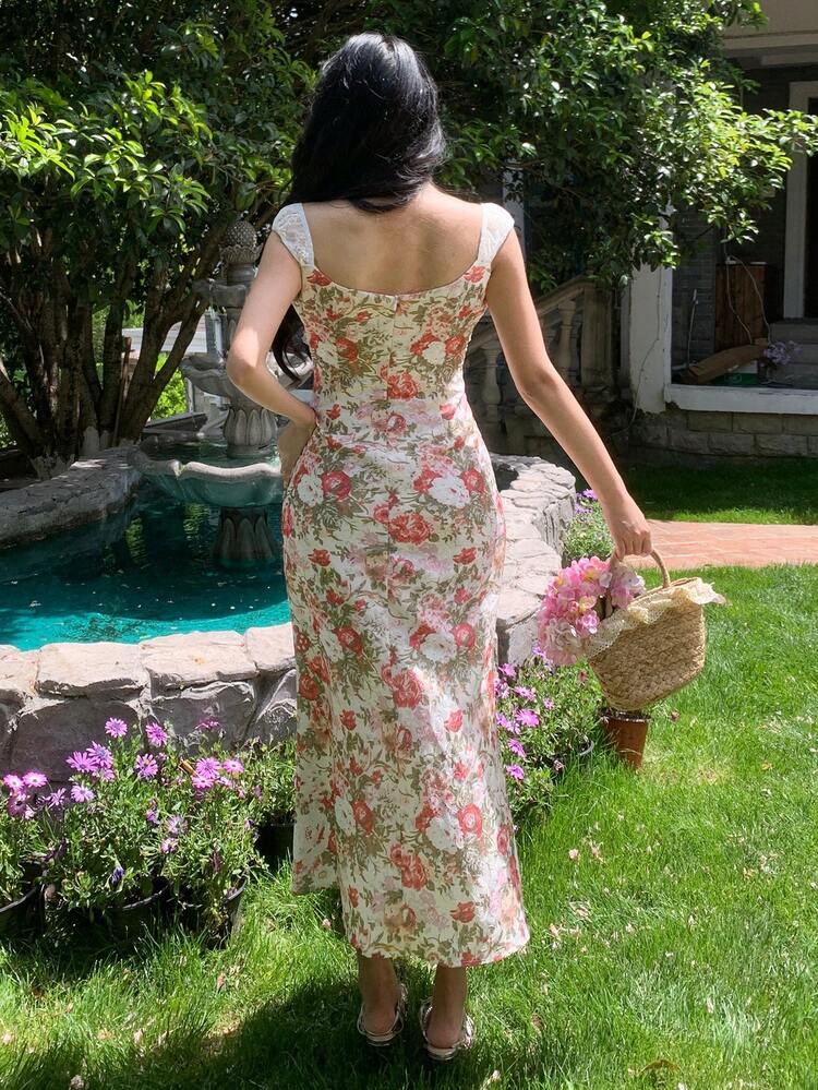 Women's Sleeveless Floral Patchwork Square Neck Dress, Summer Resort Style Boho