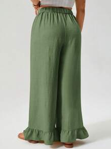 SHEIN VCAY Plus Size Women Wide Leg Pants With Waist Tie And Ruffled Hem,Summer Pants - Green - View 2